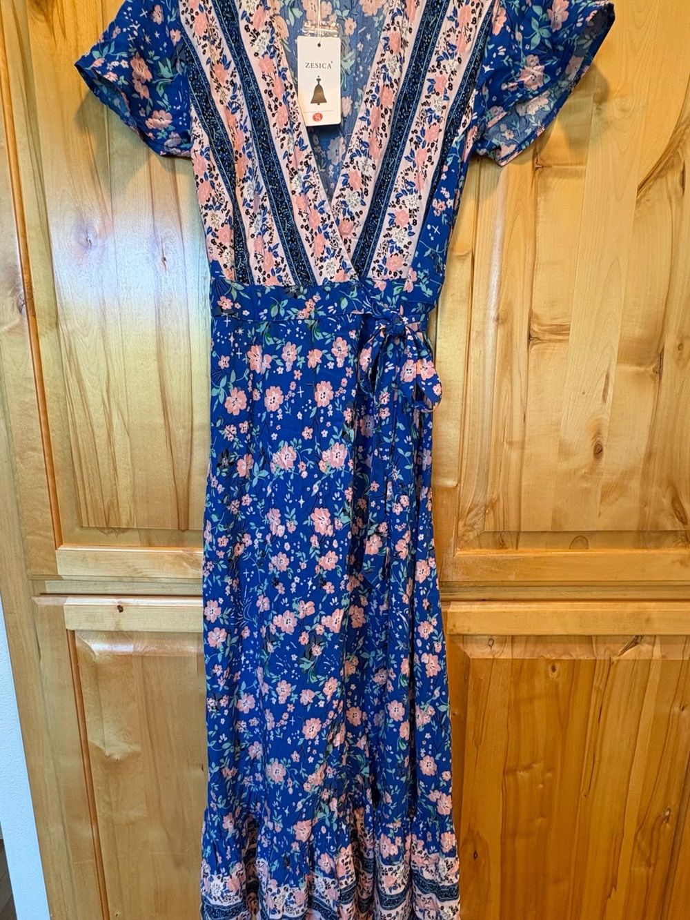 Blue Floral Wrap Maxi Dress with Tie Waist - Picture 7 of 10